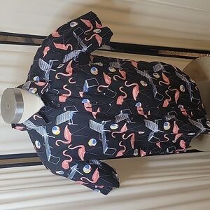 VANS Button Down Shirt, Off the Wall, S/S, Size L, Flamingos, Blue, Tailored Fit